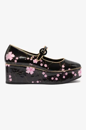 Blair Flatform In Black Sakura Printed Leather