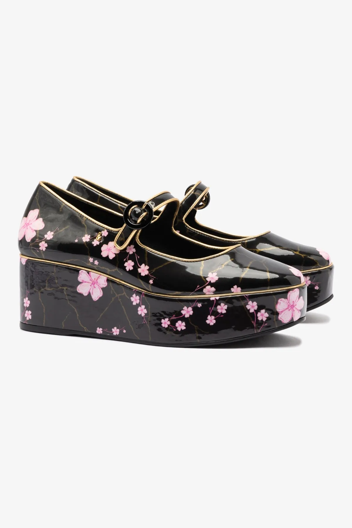 Blair Flatform In Black Sakura Printed Leather