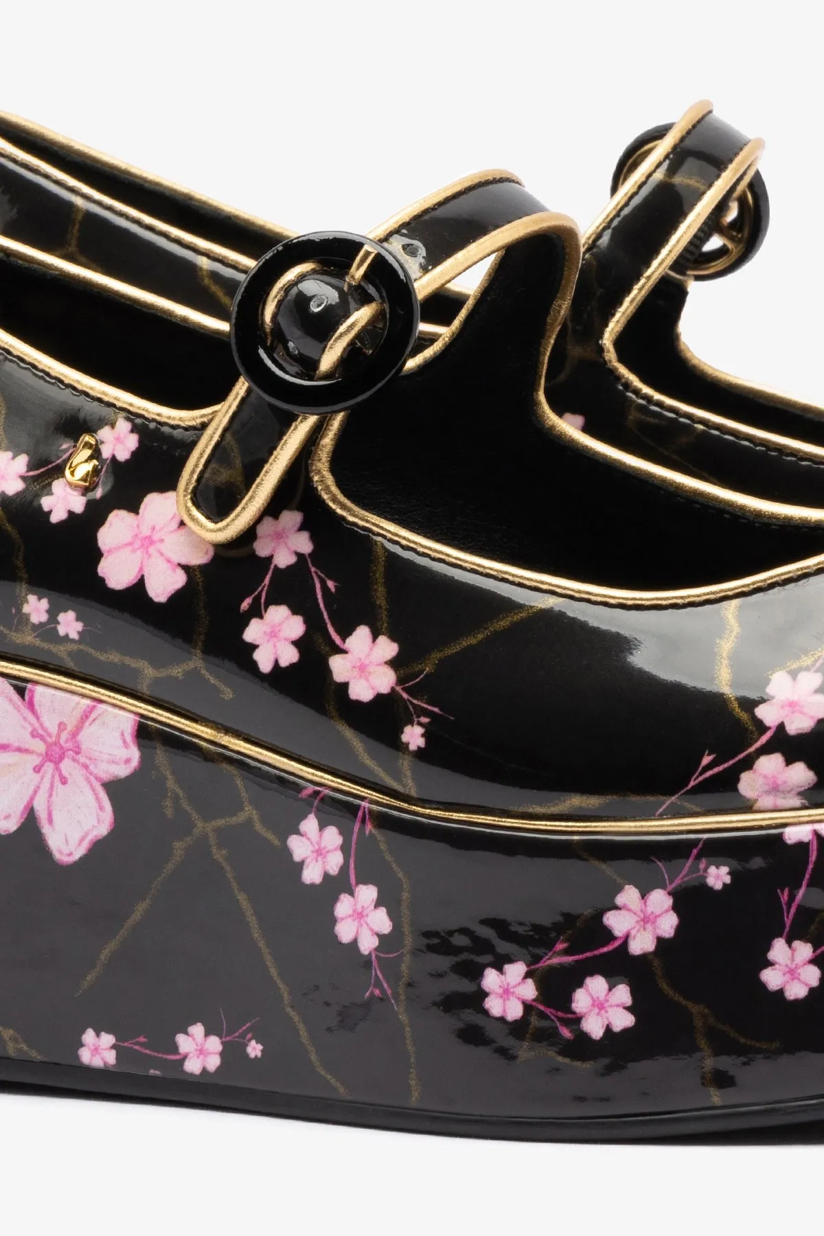 Blair Flatform In Black Sakura Printed Leather