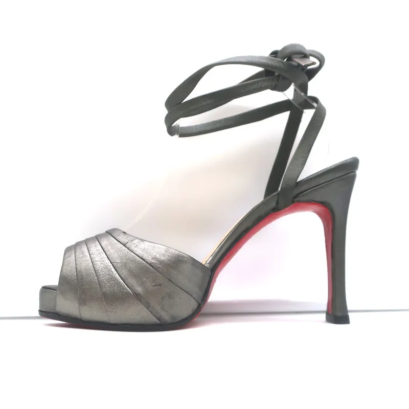 Christian Louboutin Ankle Wrap Platform Sandals Pewter Leather Size 39.5