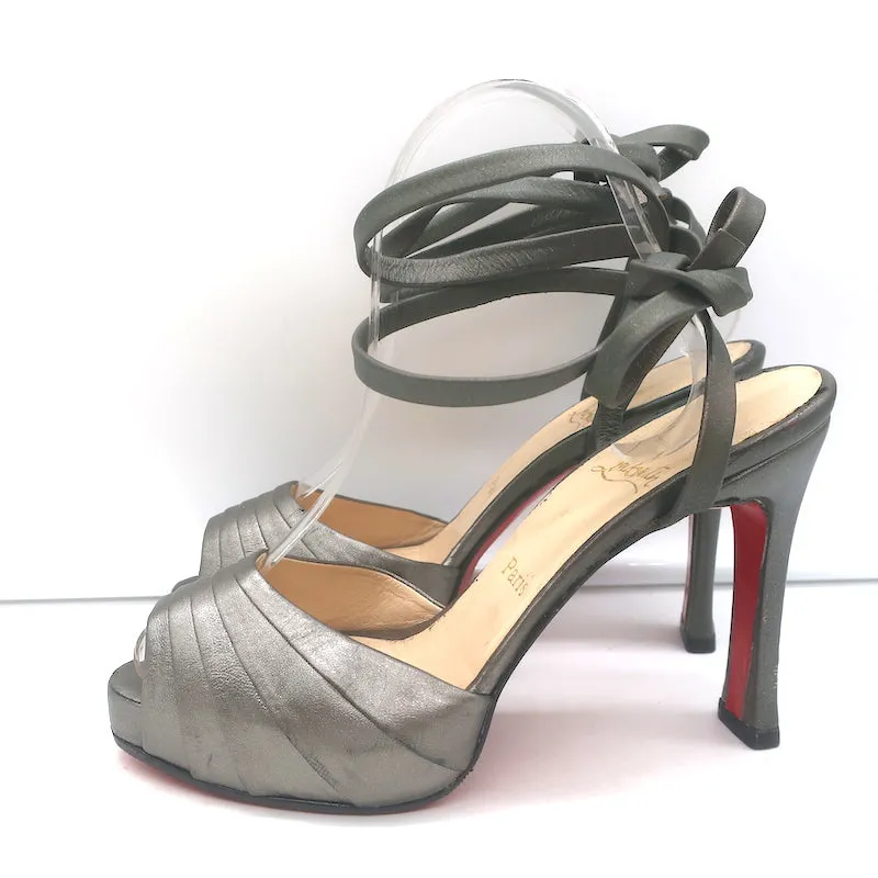 Christian Louboutin Ankle Wrap Platform Sandals Pewter Leather Size 39.5