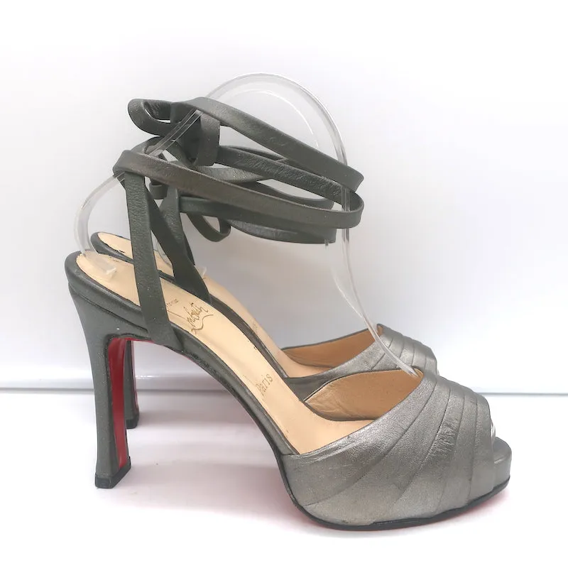 Christian Louboutin Ankle Wrap Platform Sandals Pewter Leather Size 39.5