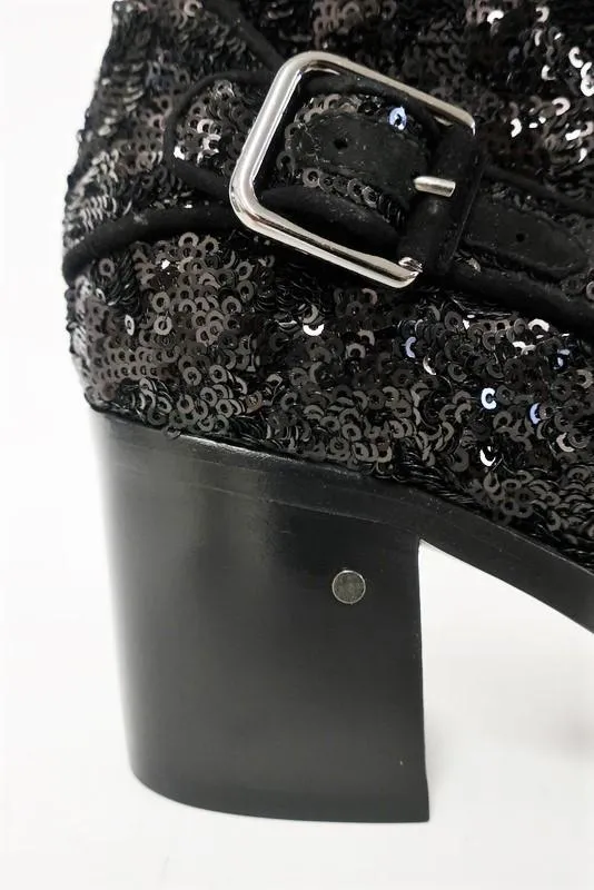 Laurence Dacade Babacar Sequin Boots Black Size 38.5 Double Buckle Mid-Heel NEW
