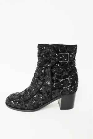 Laurence Dacade Babacar Sequin Boots Black Size 38.5 Double Buckle Mid-Heel NEW