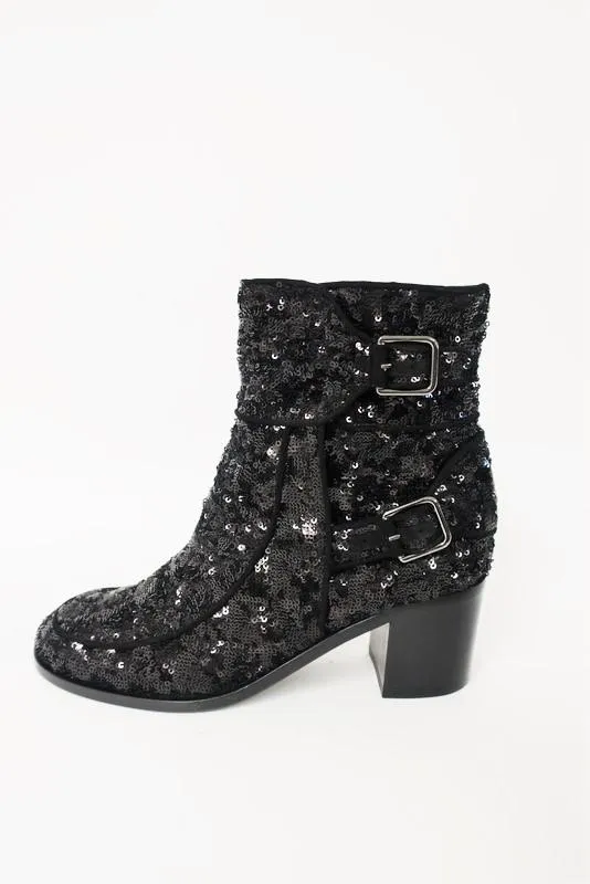 Laurence Dacade Babacar Sequin Boots Black Size 38.5 Double Buckle Mid-Heel NEW