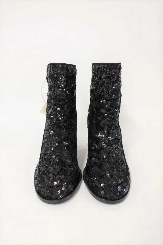 Laurence Dacade Babacar Sequin Boots Black Size 38.5 Double Buckle Mid-Heel NEW