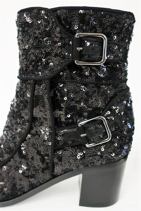 Laurence Dacade Babacar Sequin Boots Black Size 38.5 Double Buckle Mid-Heel NEW