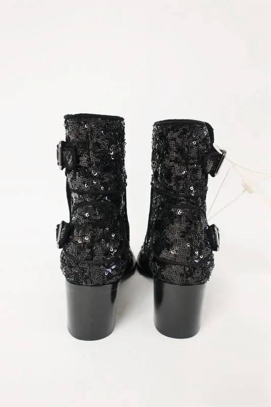Laurence Dacade Babacar Sequin Boots Black Size 38.5 Double Buckle Mid-Heel NEW