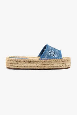 Letizia Espadrille Flatform In Blue Stoned Denim and Hibiscus Broderie