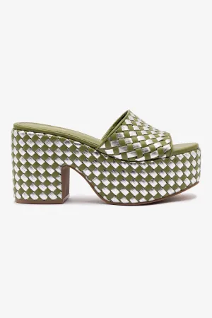 Miso Platform Sandal In Seaweed Leather and Silver Metallic Leather