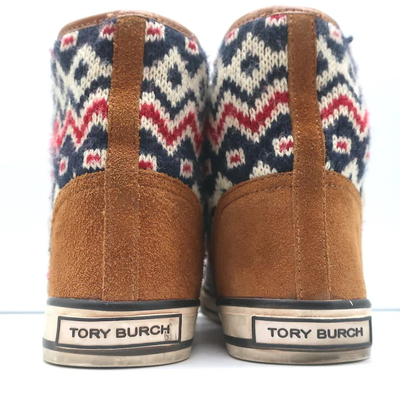 Tory Burch Noah Fair Isle Knit High Top Sneakers Brown Suede Size 8