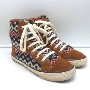 Tory Burch Noah Fair Isle Knit High Top Sneakers Brown Suede Size 8