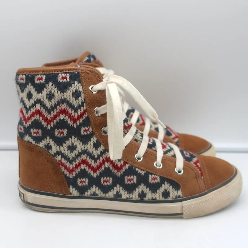 Tory Burch Noah Fair Isle Knit High Top Sneakers Brown Suede Size 8