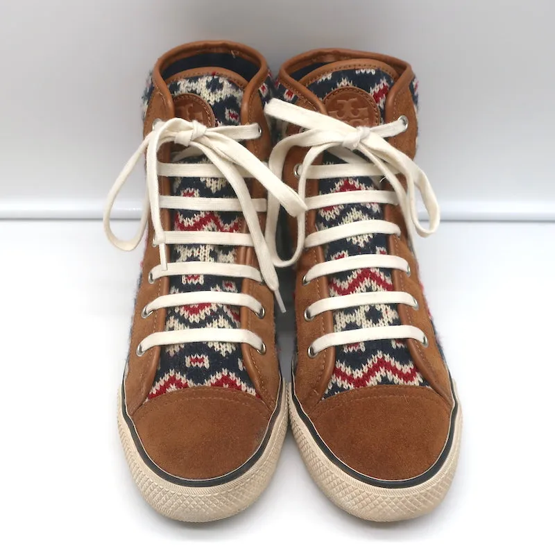 Tory Burch Noah Fair Isle Knit High Top Sneakers Brown Suede Size 8