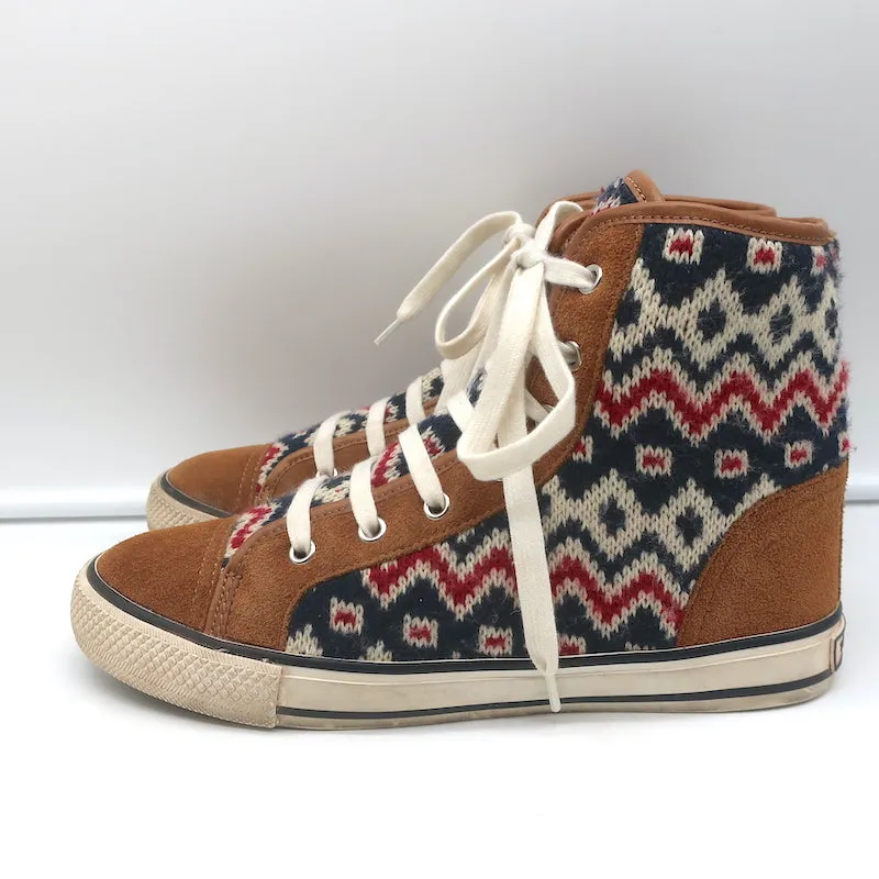 Tory Burch Noah Fair Isle Knit High Top Sneakers Brown Suede Size 8