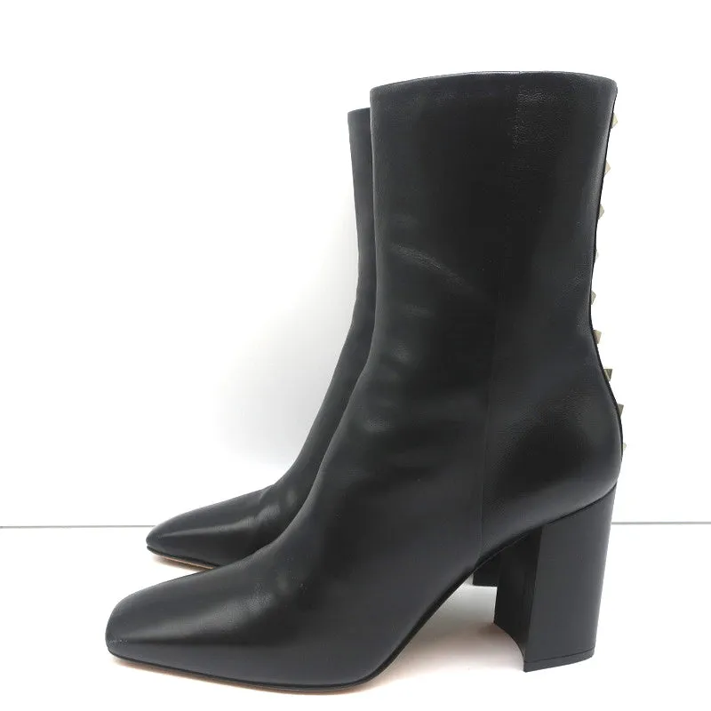Valentino Rockstud Trim Mid-Calf Boots Black Leather Size 38 High Heel
