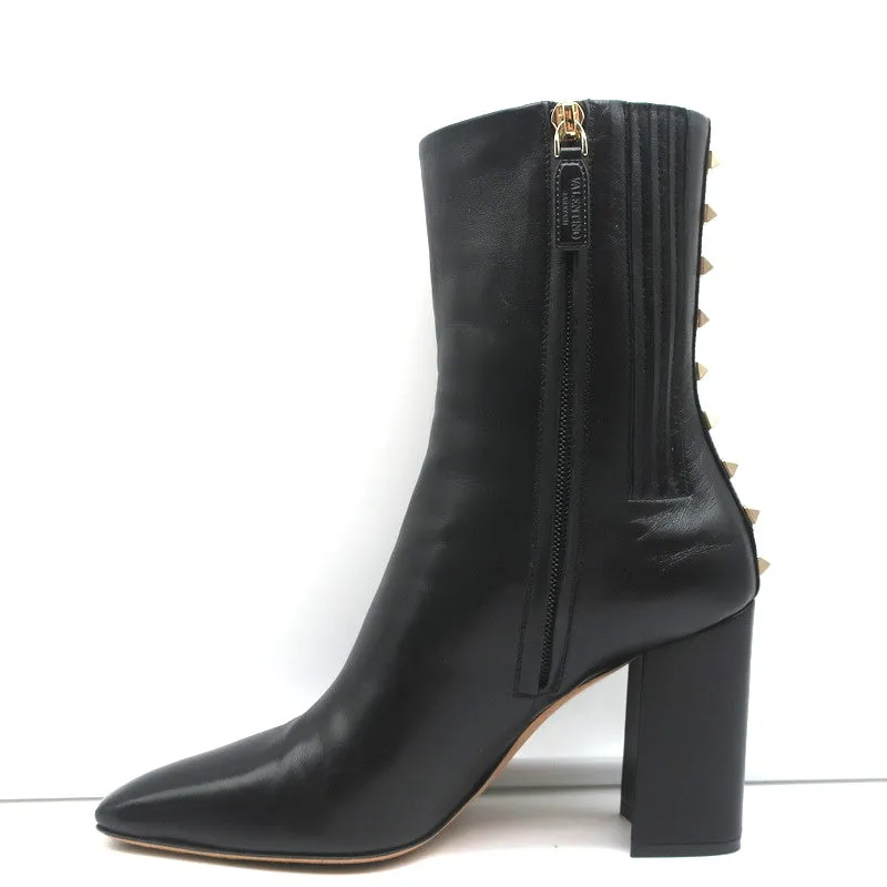Valentino Rockstud Trim Mid-Calf Boots Black Leather Size 38 High Heel