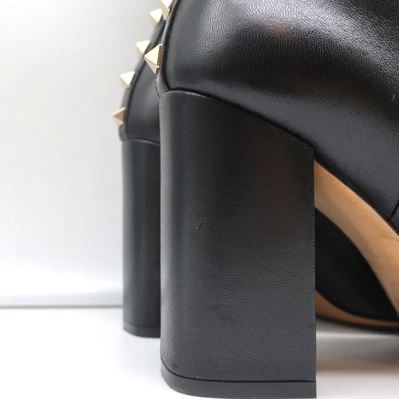 Valentino Rockstud Trim Mid-Calf Boots Black Leather Size 38 High Heel