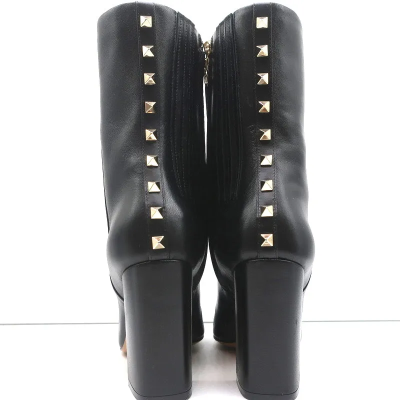 Valentino Rockstud Trim Mid-Calf Boots Black Leather Size 38 High Heel