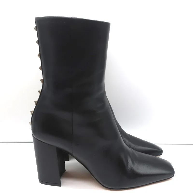 Valentino Rockstud Trim Mid-Calf Boots Black Leather Size 38 High Heel