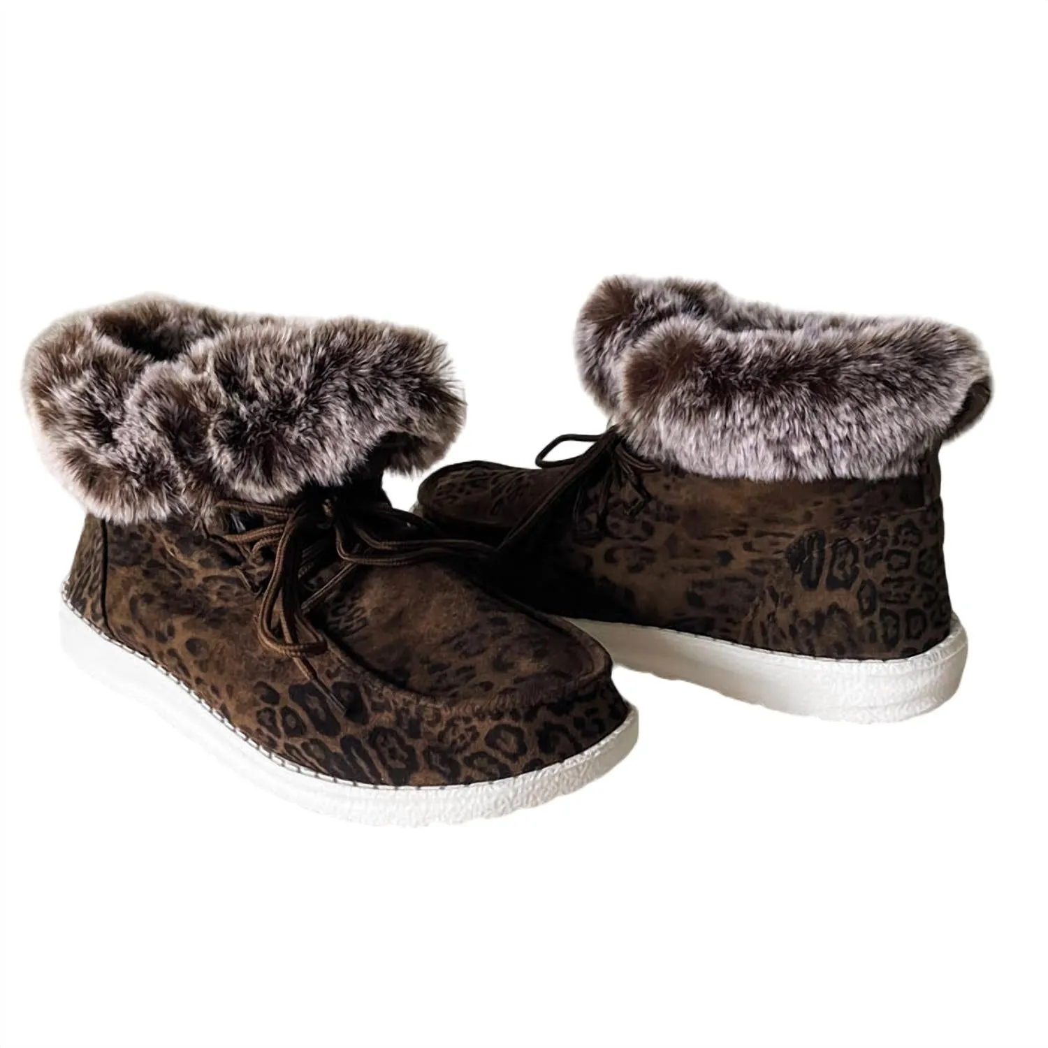 Women's Fancy Leopard Faux Fur Lined High Top Shoes In Taupe